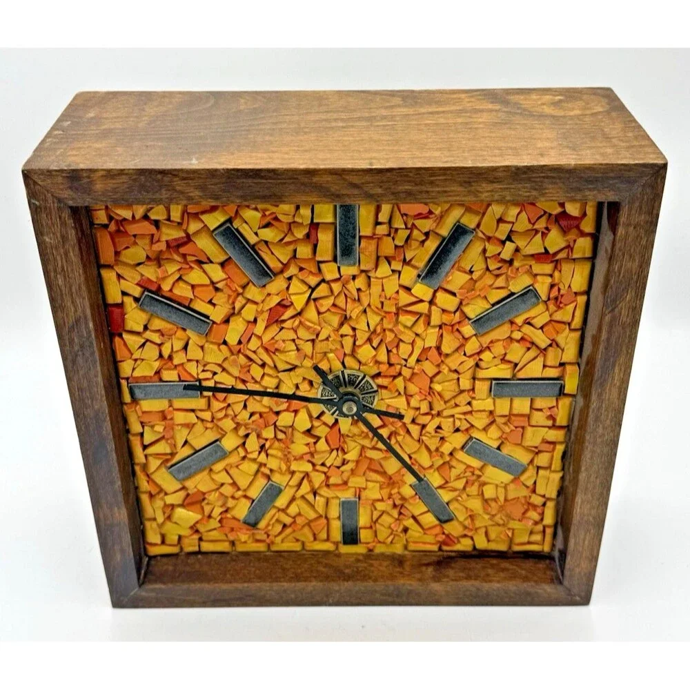 Vintage Stone Mosaic Shadow Box Clock Wood Frame Orange MCM 10.5